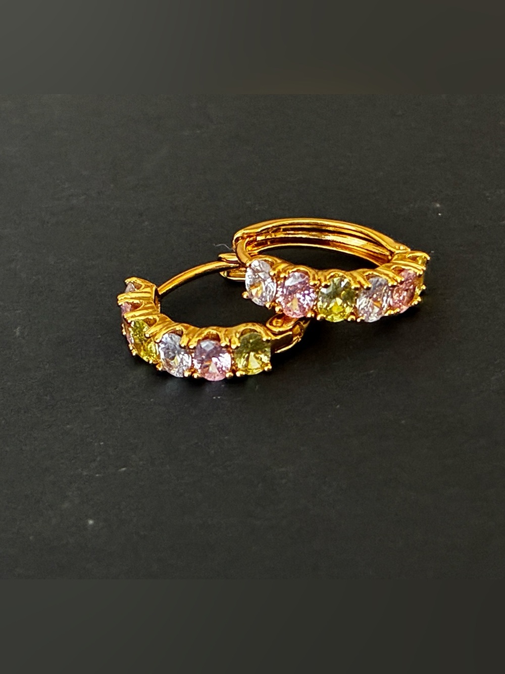 Gold Tone Hoop Earrings with Pink and Yellow stones